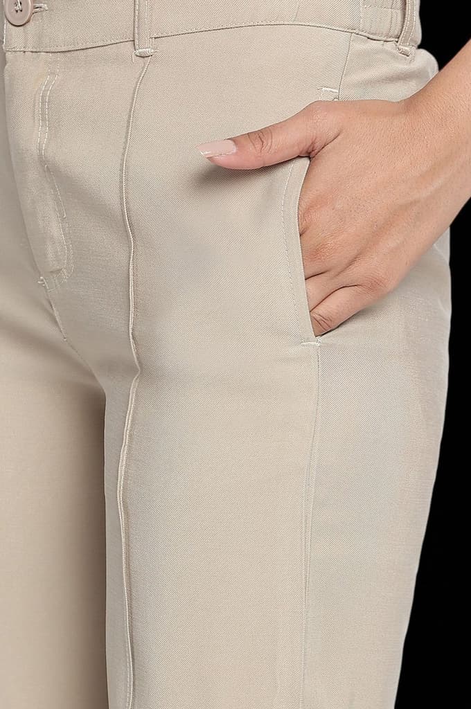Beige Solid Korea Rayon Twill Pants In Ankle Length with YKK Zipper — photo 7