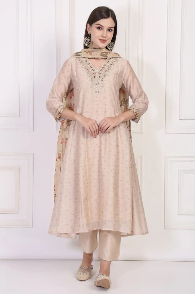 Beige Embroidered A-Line Chanderi Kurta with Straight Pant and Dupatta Set — photo 2