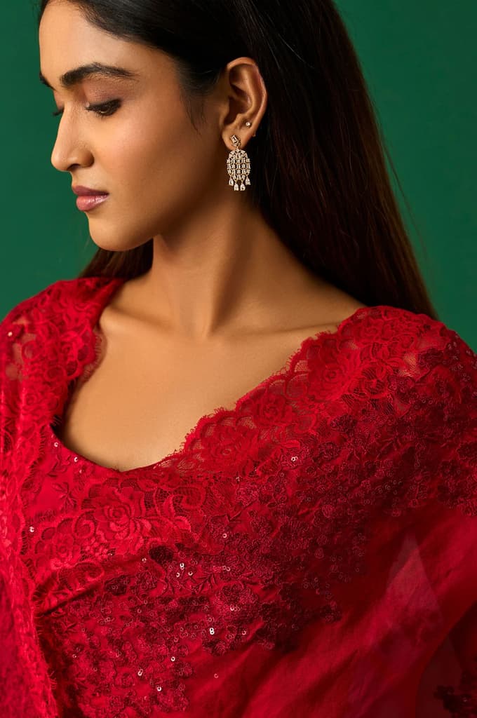 Red Floral Printed Embroidered Sequined Silk Saree with Unstitched Blouse — photo 5