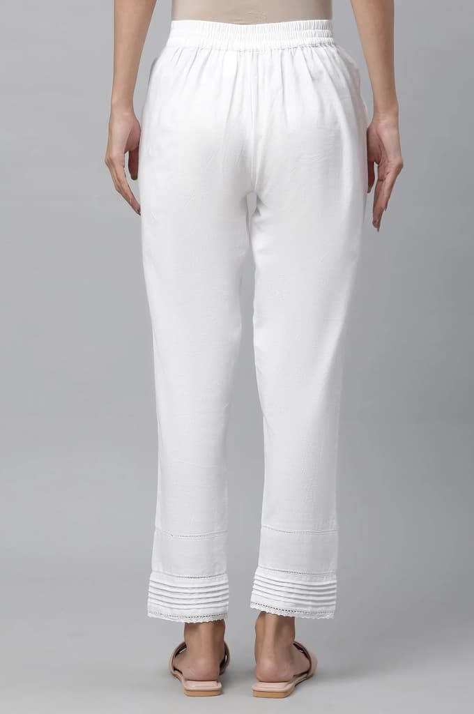 White Solid Straight Fit Cotton Trousers With Lace Inserts — photo 3