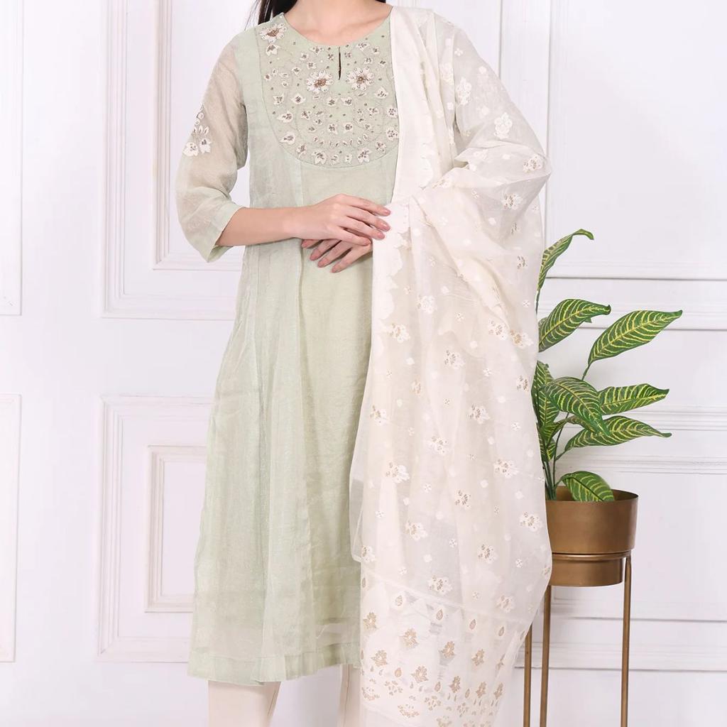 Light Green Embroidered Silk Blend Straight Kurta, Pants and Dupatta Set