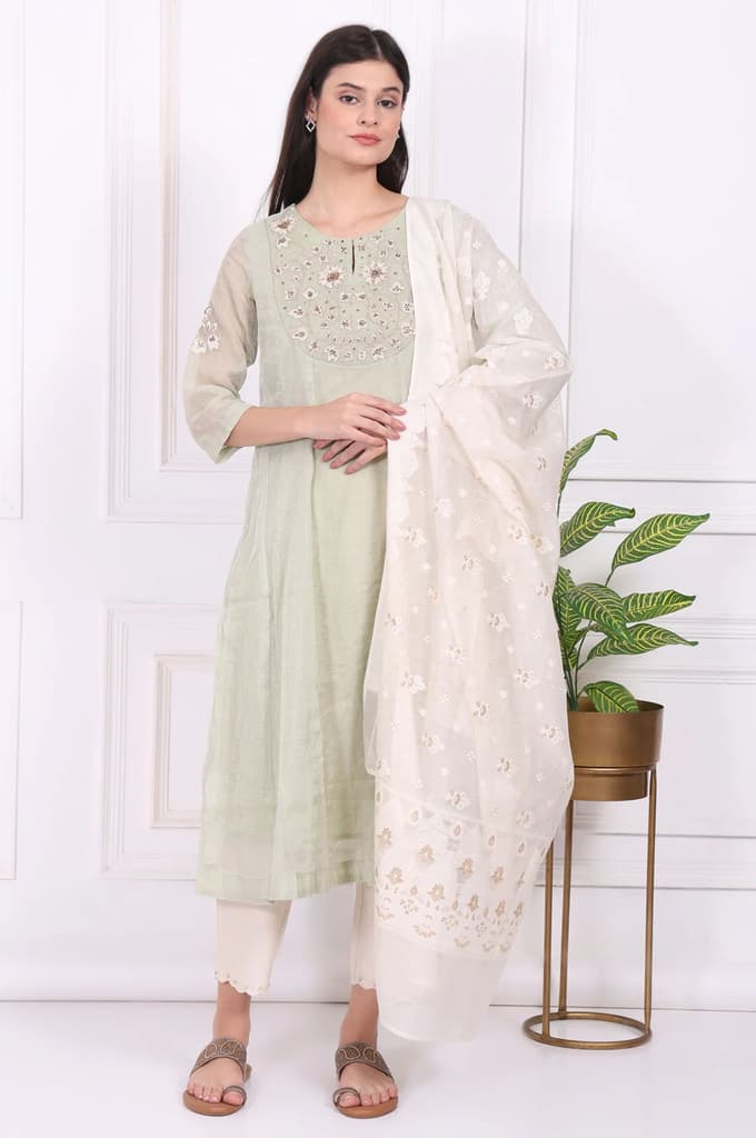 Light Green Embroidered Silk Blend Straight Kurta, Pants and Dupatta Set — XS