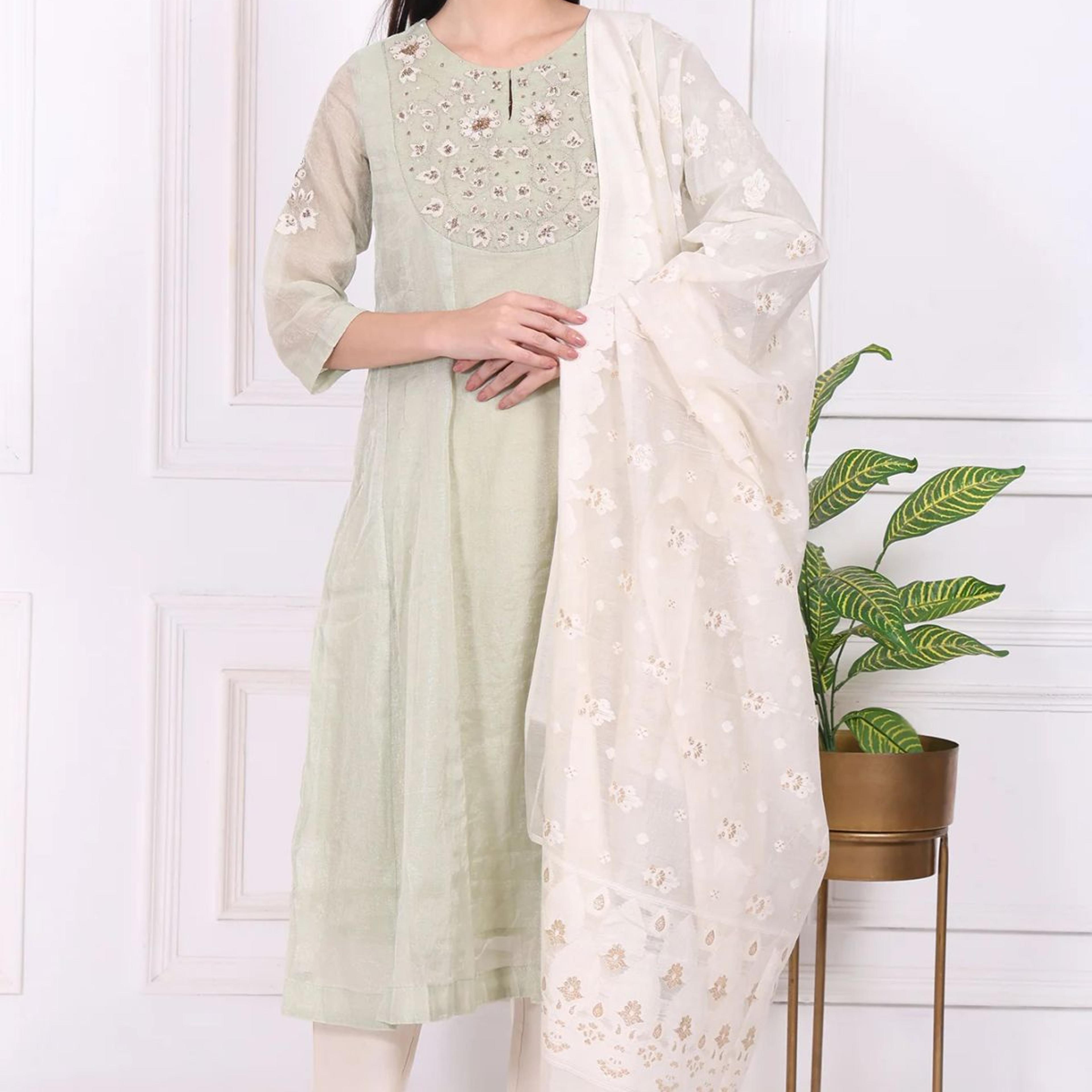 Light Green Embroidered Silk Blend Straight Kurta, Pants and Dupatta Set