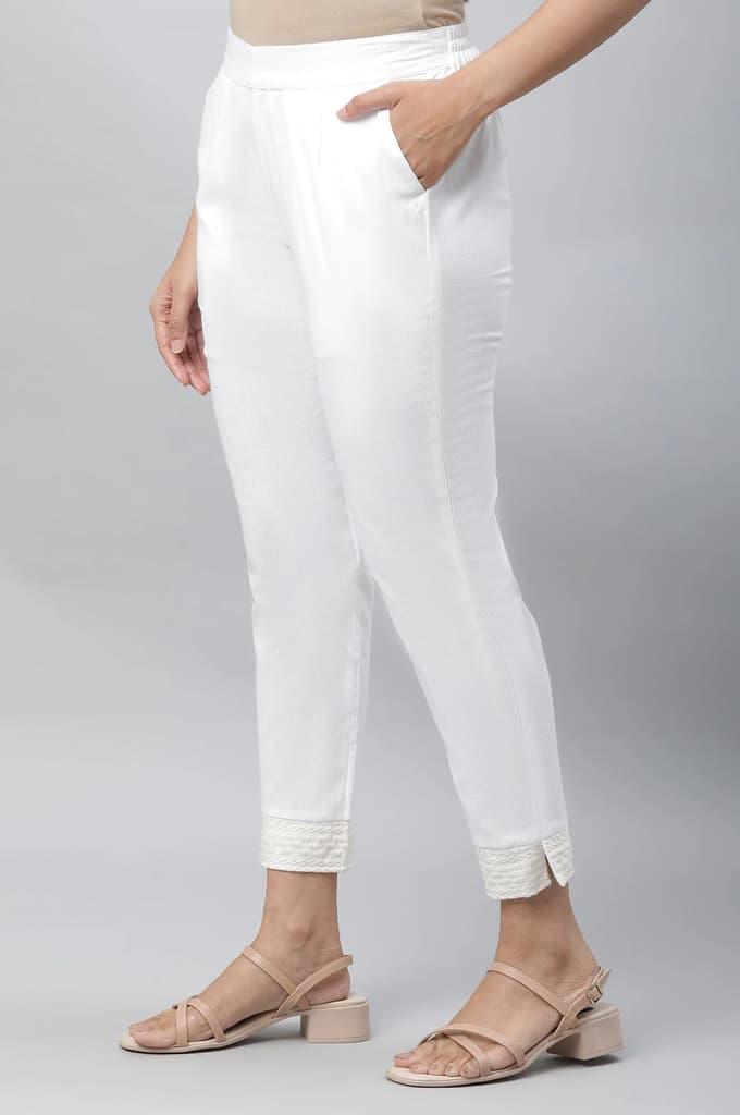 White Solid Straight Fit Cotton Trousers With Embroidered Hemline — photo 2