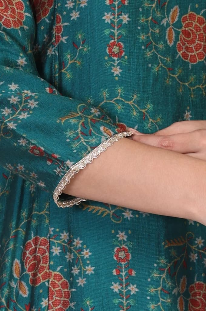 Teal Floral Printed Embellished A-Line Art Silk Kurta with Straight Pant Set — photo 7