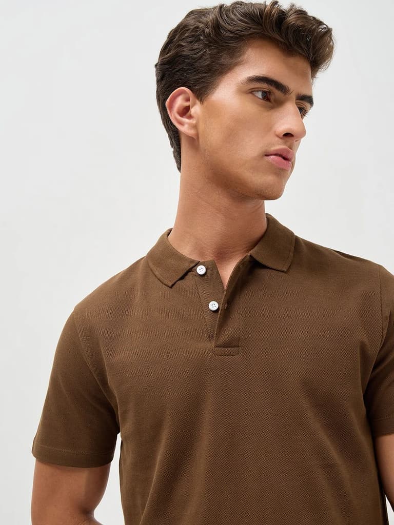Men's Dark Brown Solid Regular Fit Half Sleeve Cotton Polo T-Shirt — photo 5