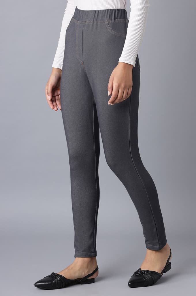 Grey Solid Skinny Fit Cotton Jeggings With Elasticated Waist — photo 3