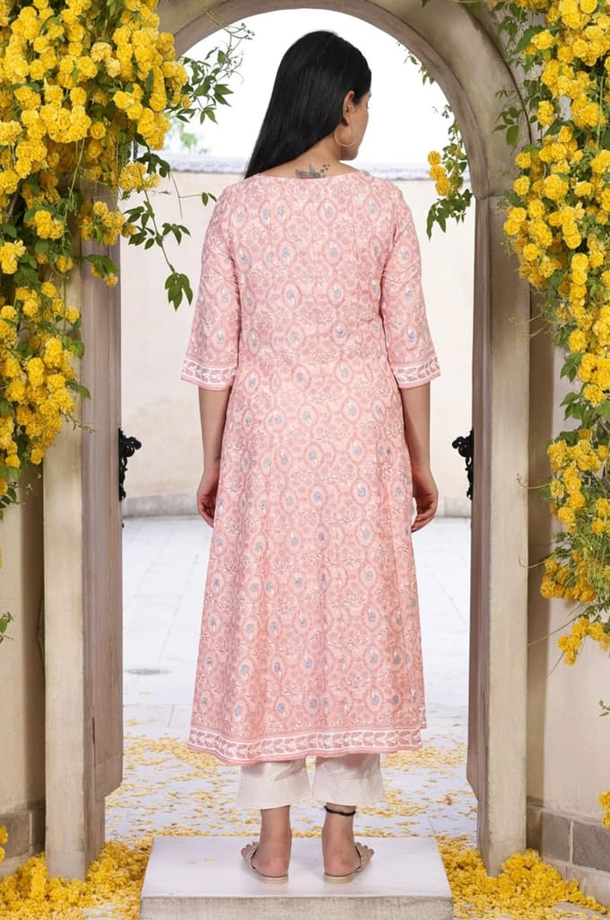 Pink Floral Ethnic Printed Embellished A-Line Rayon Kurta — photo 5