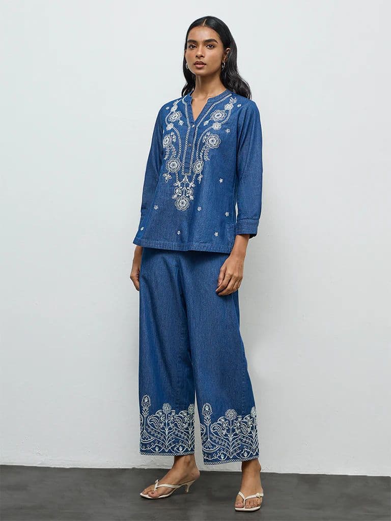 Utsa Indigo Floral Embroidered Cotton Pants — photo 2