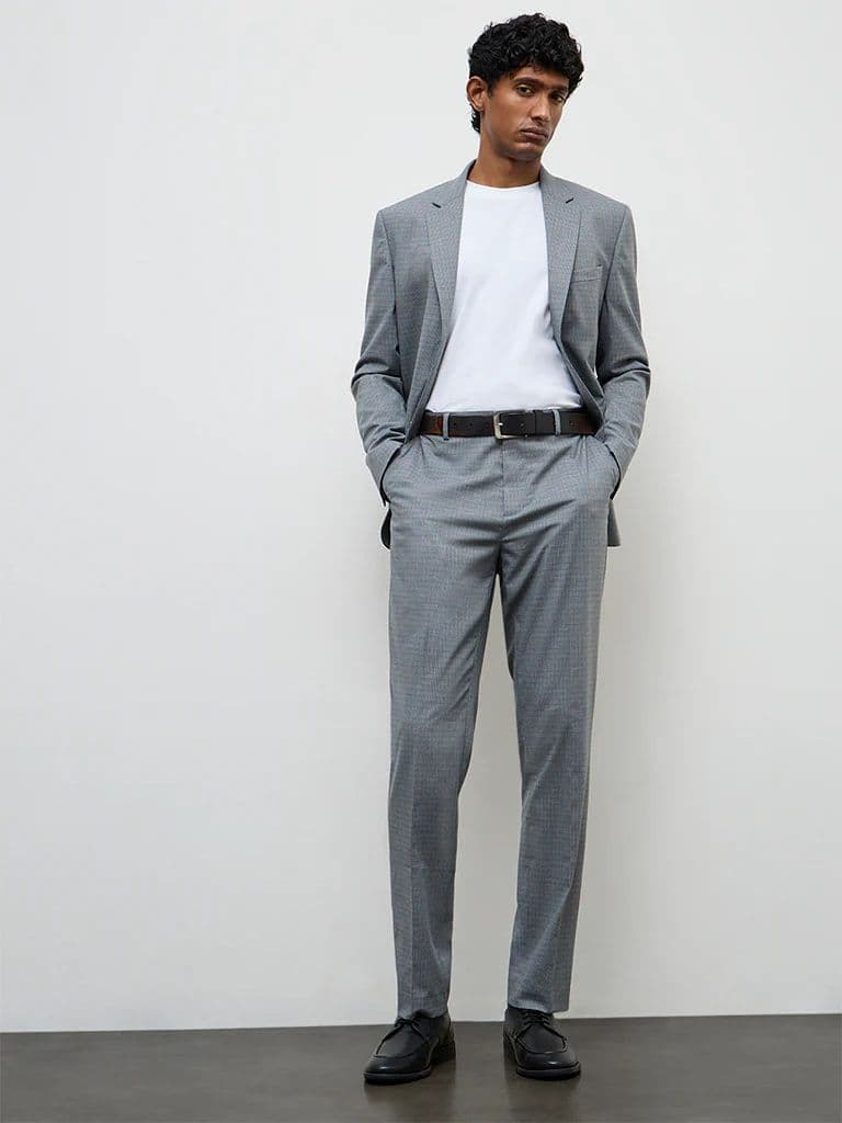WES Formals Grey Checkered Relaxed-Fit Mid-Rise Trousers
