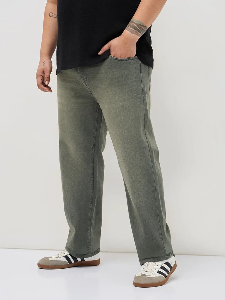 Plus Men's Grey Regular Fit Whisker Washed Yellow Tint Denim Jeans Stretchable — photo 2