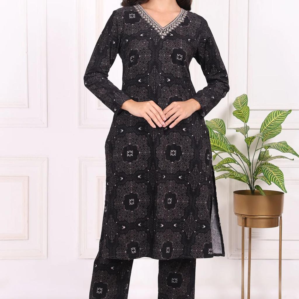 Black Ethnic Motifs Printed Embroidered Pure Cotton Straight Kurta and Pants Set