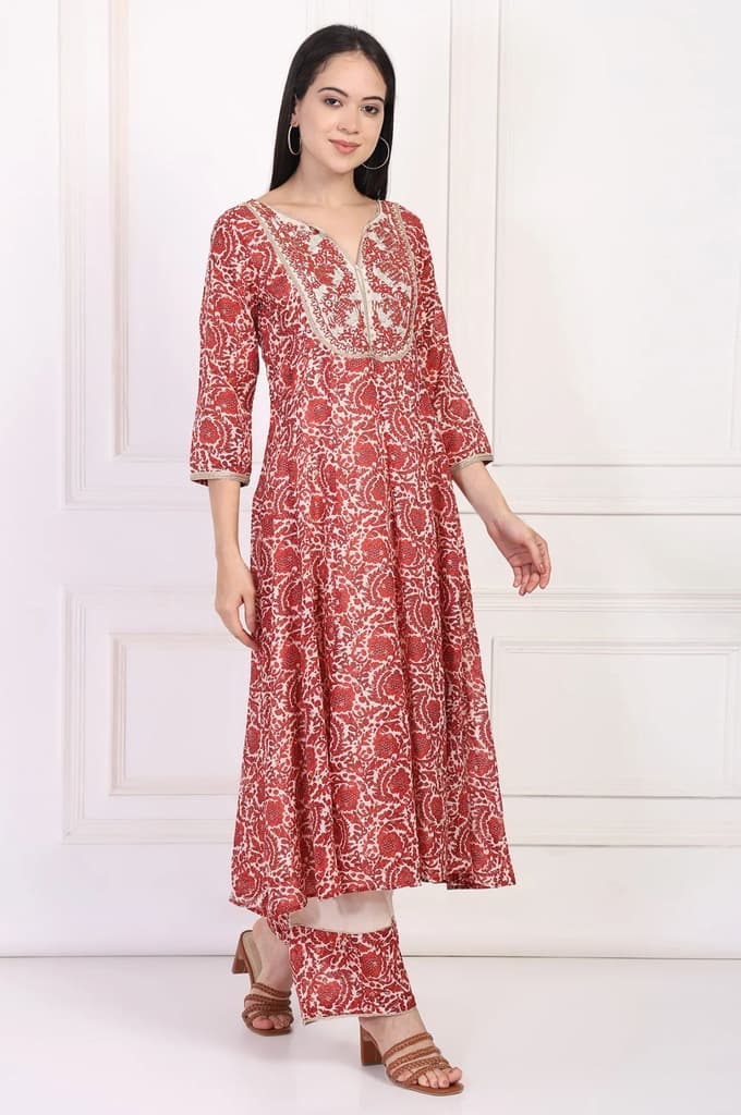 Red Embroidered Anarkali Kurta with Flared Pant and Dupatta Set — photo 6