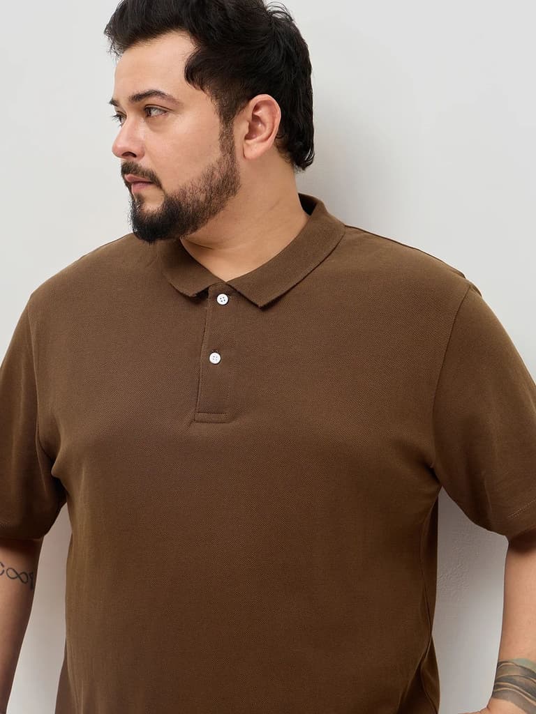 Plus Men's Dark Brown Solid Regular Fit Half Sleeve Cotton Polo T-Shirt — photo 5