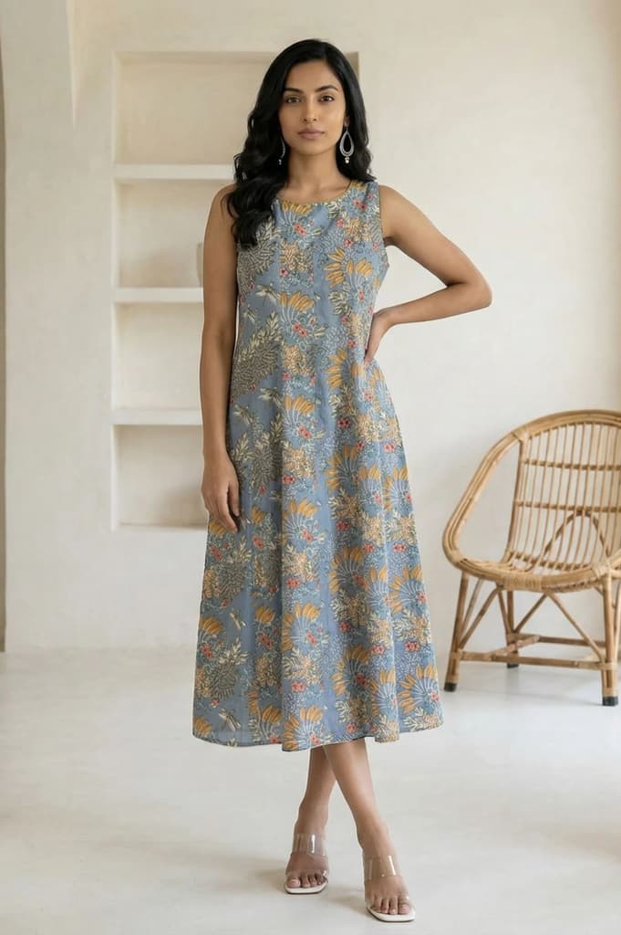 Blue Block Printed Pure Cotton A-line Dress — XS