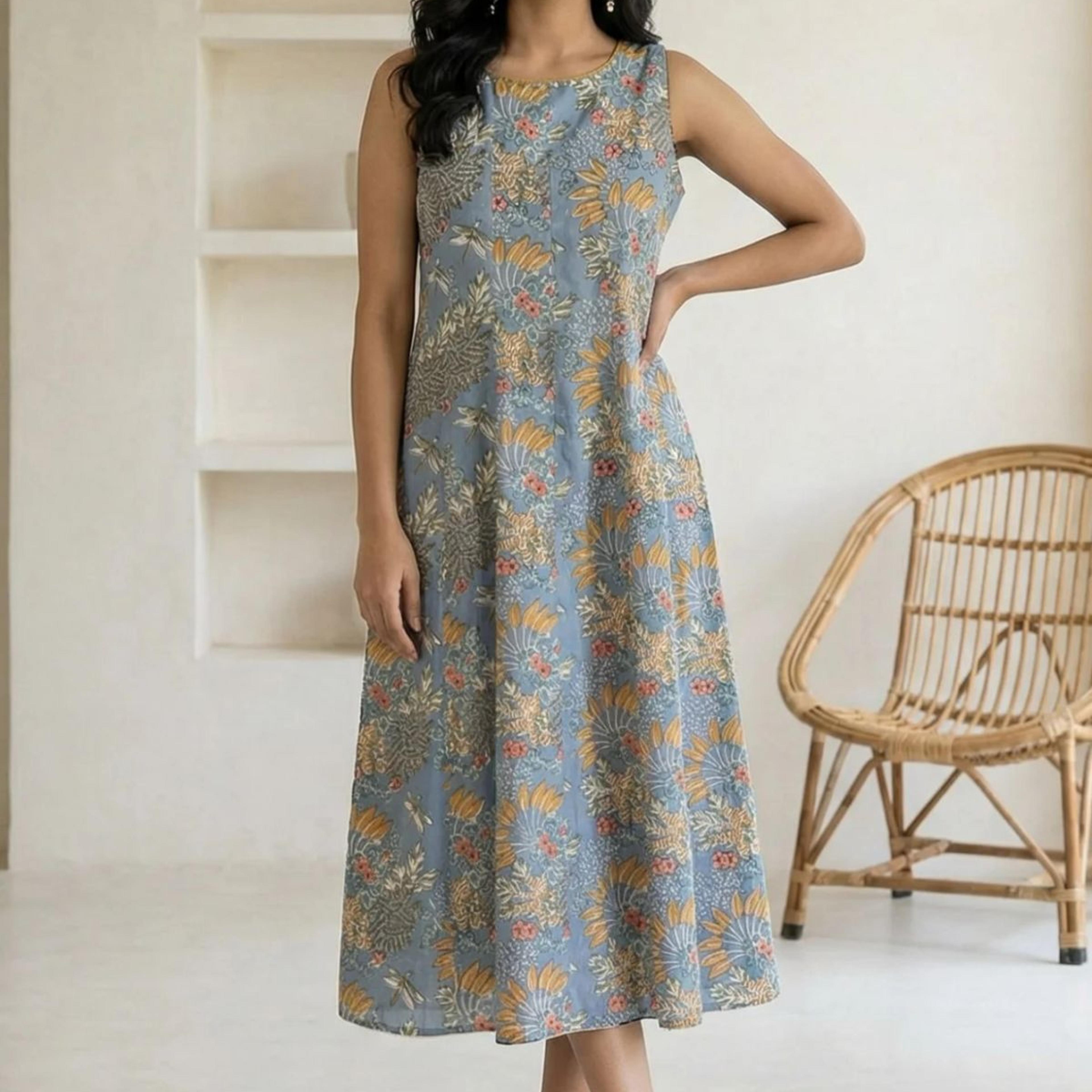 Blue Block Printed Pure Cotton A-line Dress