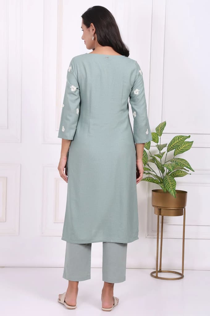 Light Green Embroidered Rayon Straight Kurta and Straight Pants Co-ord Set — photo 5