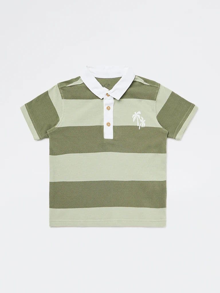 HOP Kids Boys Olive Striped Cotton Polo T-Shirt — photo 4