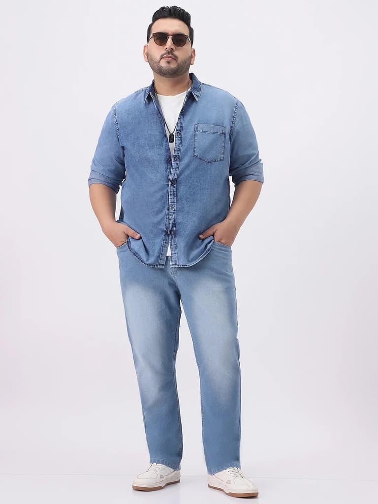 Plus Men's Light Blue Regular Fit Full Sleeve Washed Denim Shirt — photo 4