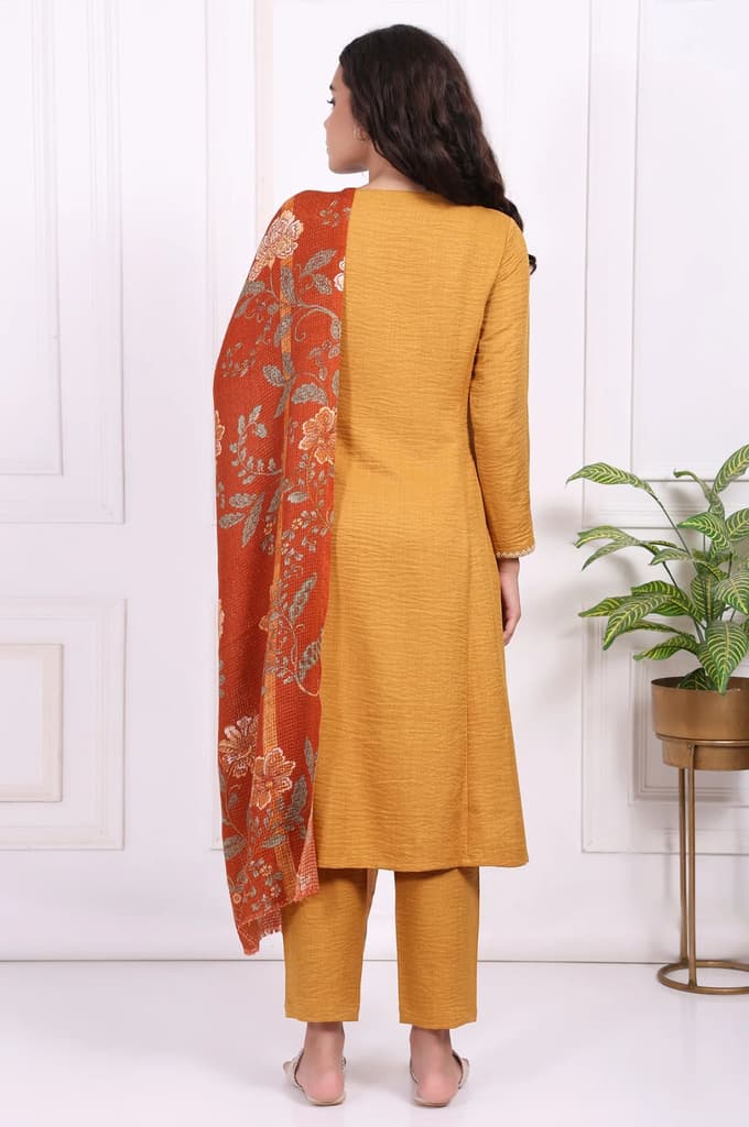 Mustard Floral Embroidered Straight Kurta with Straight Pant and Dupatta Set — photo 5