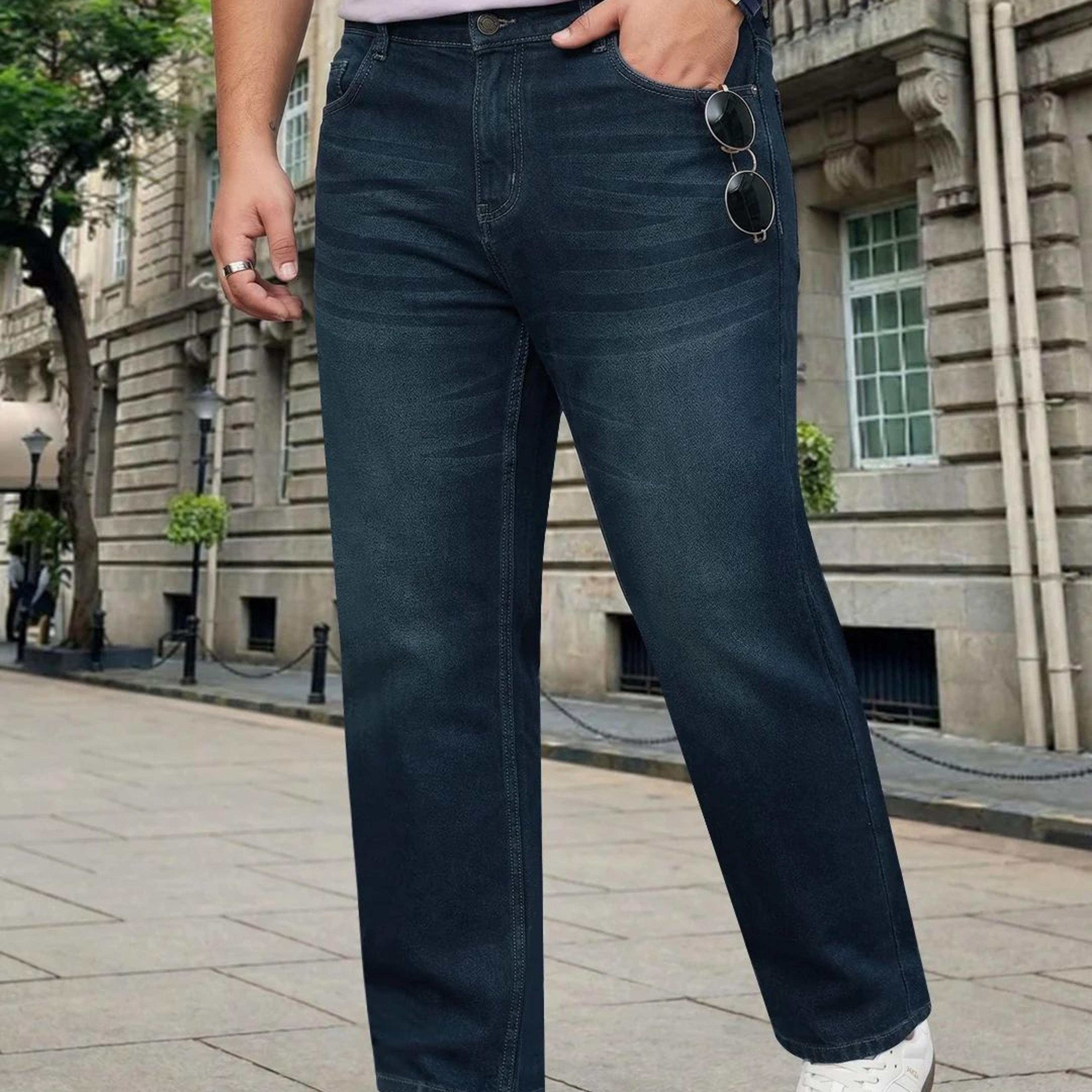 Plus Men's Dark Blue Relaxed Fit Washed Denim Jeans Non-Stretchable