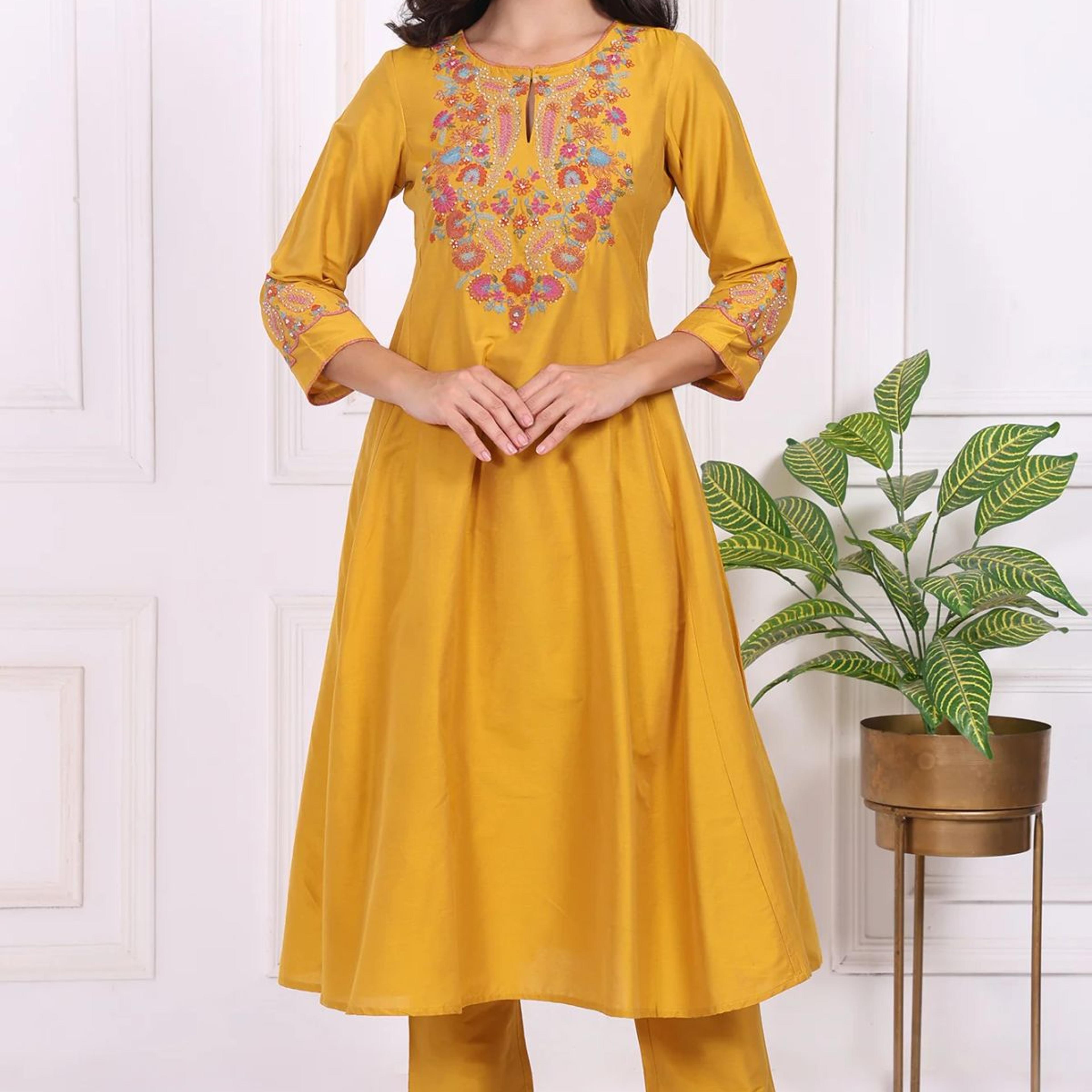 Yellow Embroidered Straight Kurta and Pants Co-ord Set