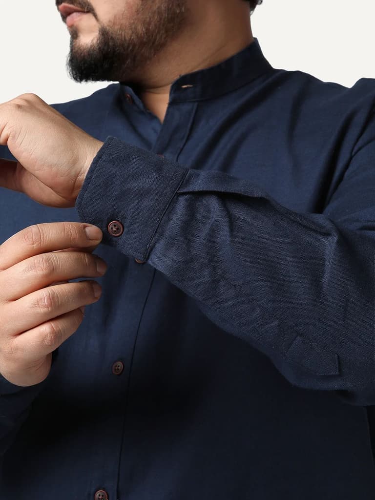 Plus Men's Navy Linen Blend Full Sleeve Relaxed Fit Mandarin Collar Casual Solid Shirt — photo 6