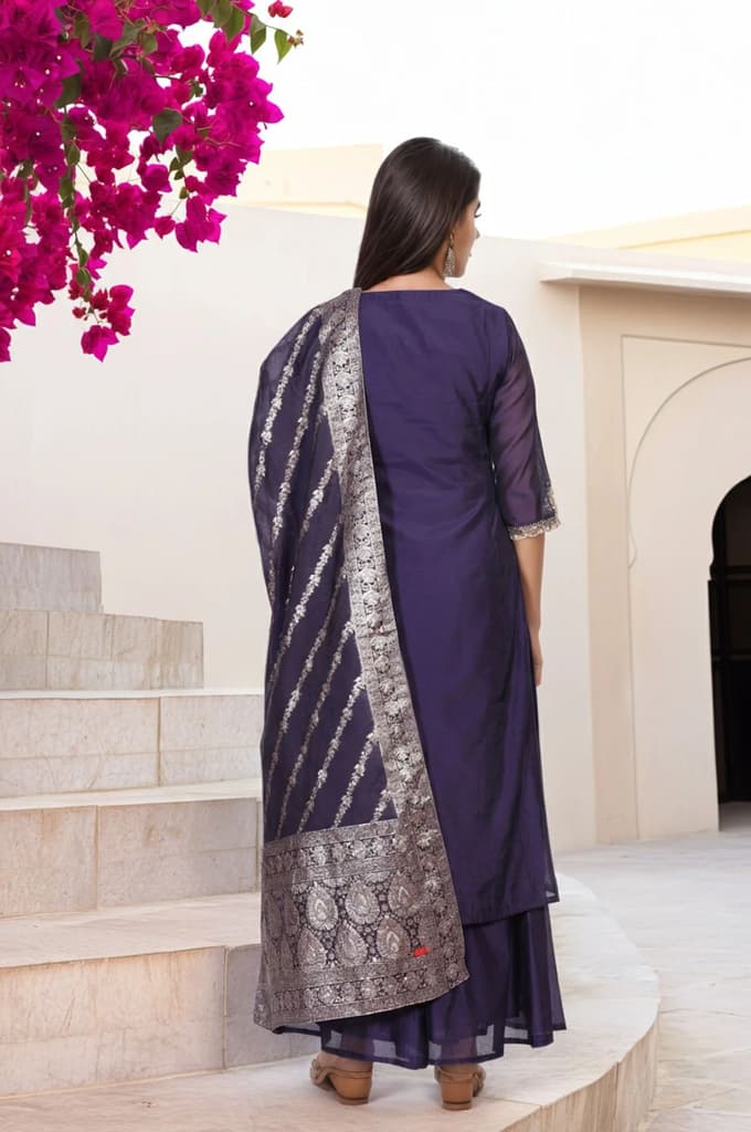 Purple Embroidered A-Line Chanderi Kurta with Flared Pant and Dupatta Set — photo 5