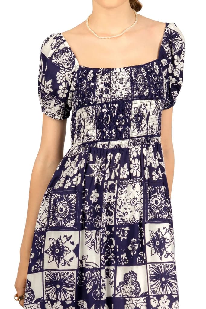 Blue & White Floral Rayon Fit & Flare Midi Dress — photo 5