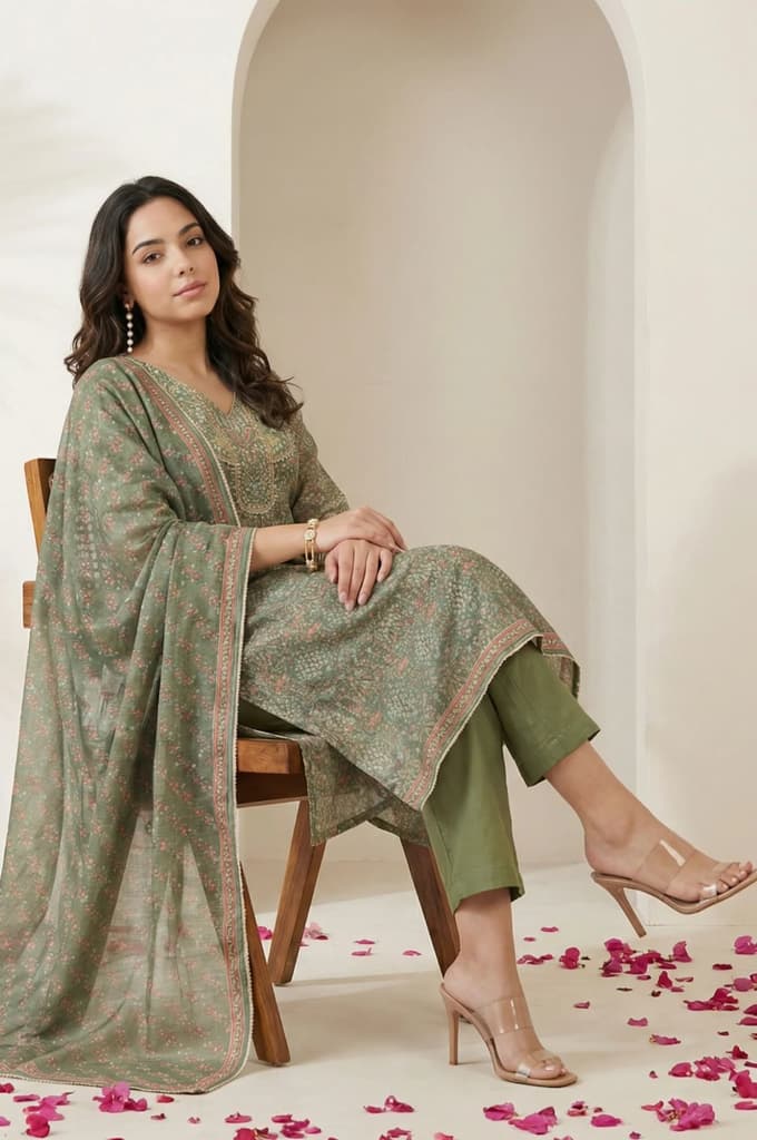 Olive Floral Printed Mirror Work Chanderi A-line Kurta with Straight Pants and Dupatta Set — photo 3