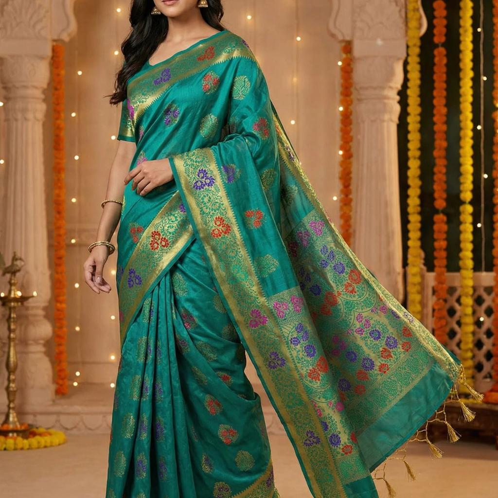 MIMOSA Women's Woven Design Paithani Style Art Silk Saree with Blouse Piece - Saffire ( SA00003125SFFREE )