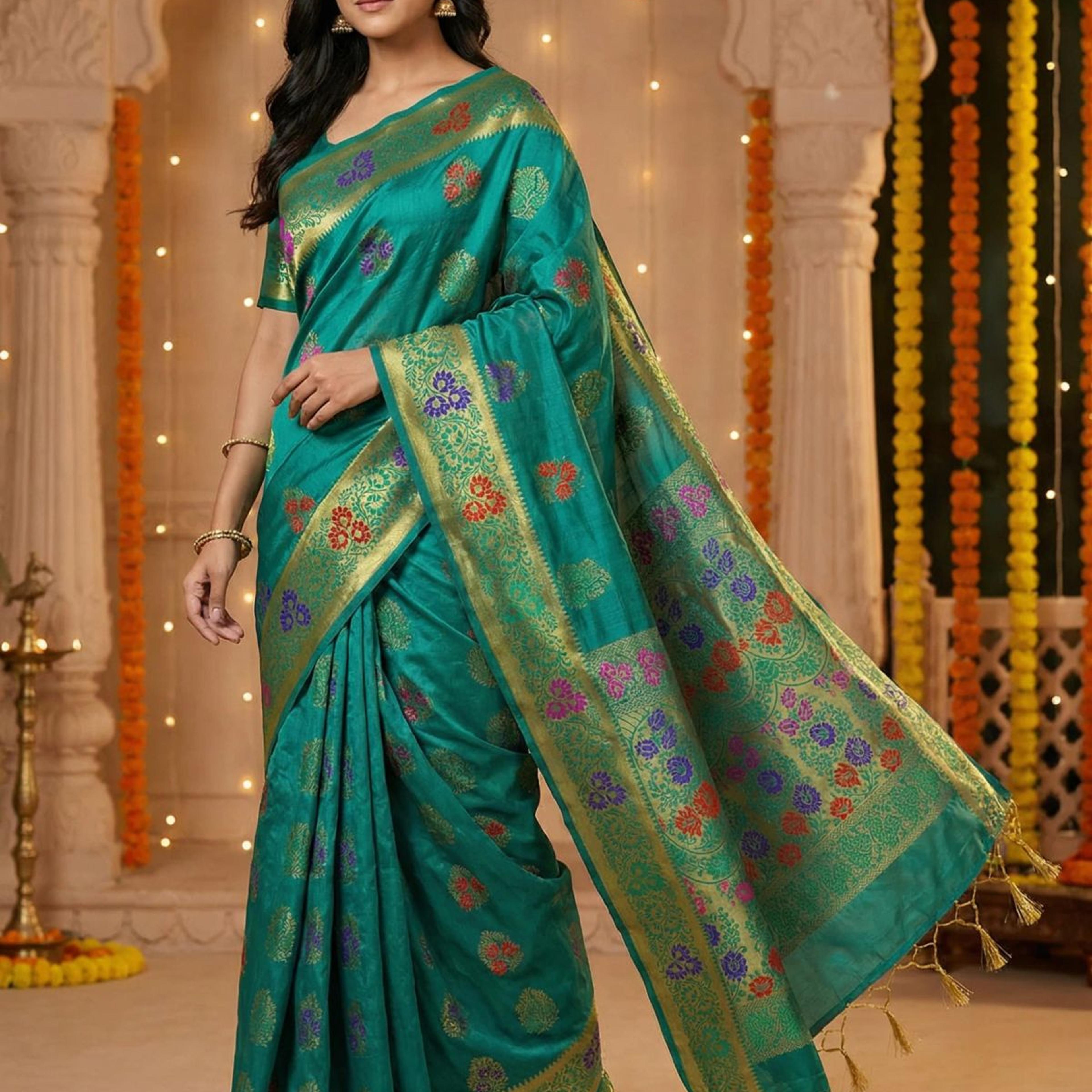 MIMOSA Women's Woven Design Paithani Style Art Silk Saree with Blouse Piece - Saffire ( SA00003125SFFREE )