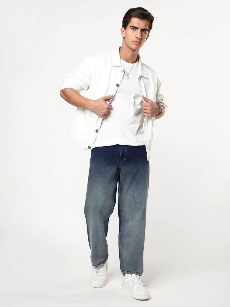 Men's Dark Blue Loose Baggy Fit Heavy Washed Faded Denim Jeans Non-Stretchable — photo 4