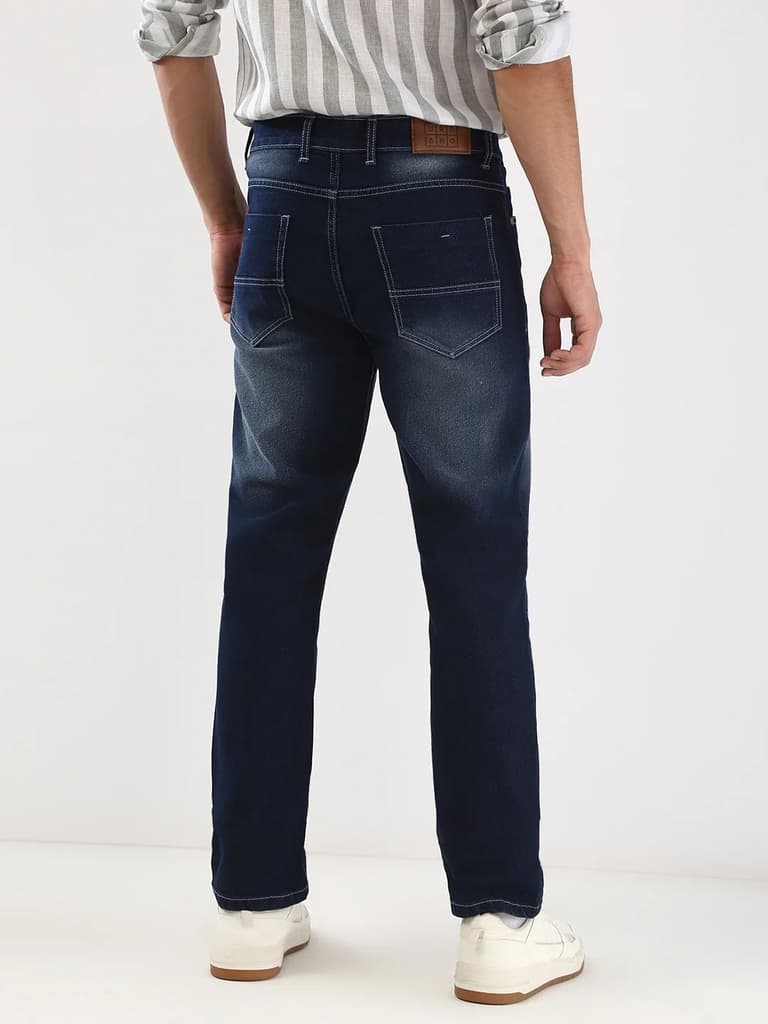 Men's Dark Blue Straight Fit Washed Jeans Stretchable — photo 4