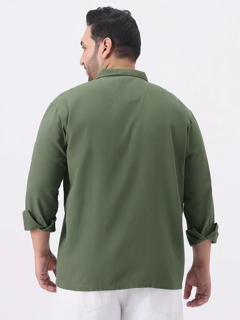 Plus Men's Green Cotton Full Sleeve Relaxed Fit Shacket with Utility Pockets — photo 3