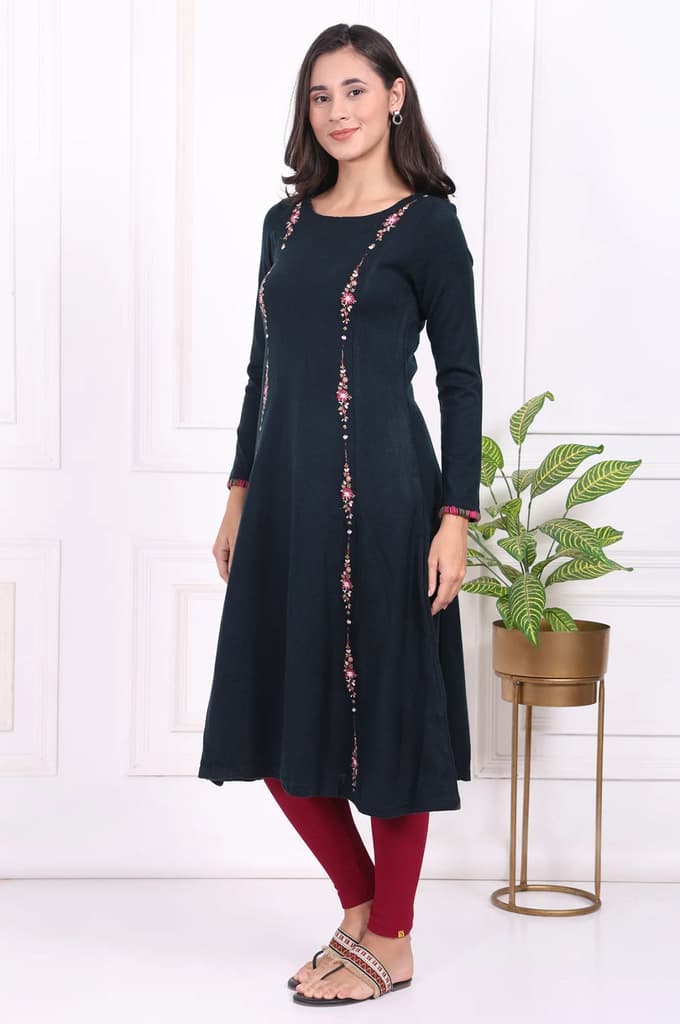 Navy Blue Thread Embroidered Acrylic Flared A-line Kurta — photo 4