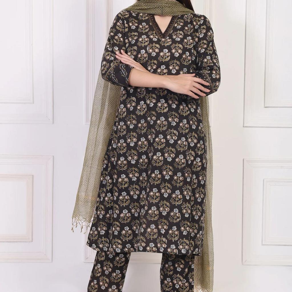 Black Floral Printed Embellished A-Line Cotton Kurta with Straight Pant and Dupatta Set