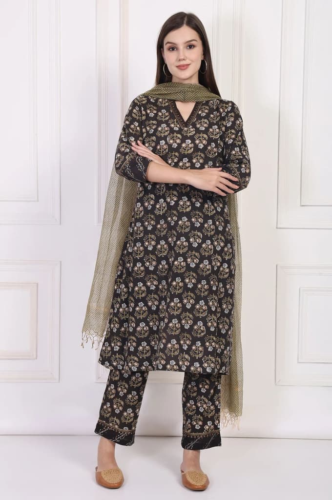 Black Floral Printed Embellished A-Line Cotton Kurta with Straight Pant and Dupatta Set — XS