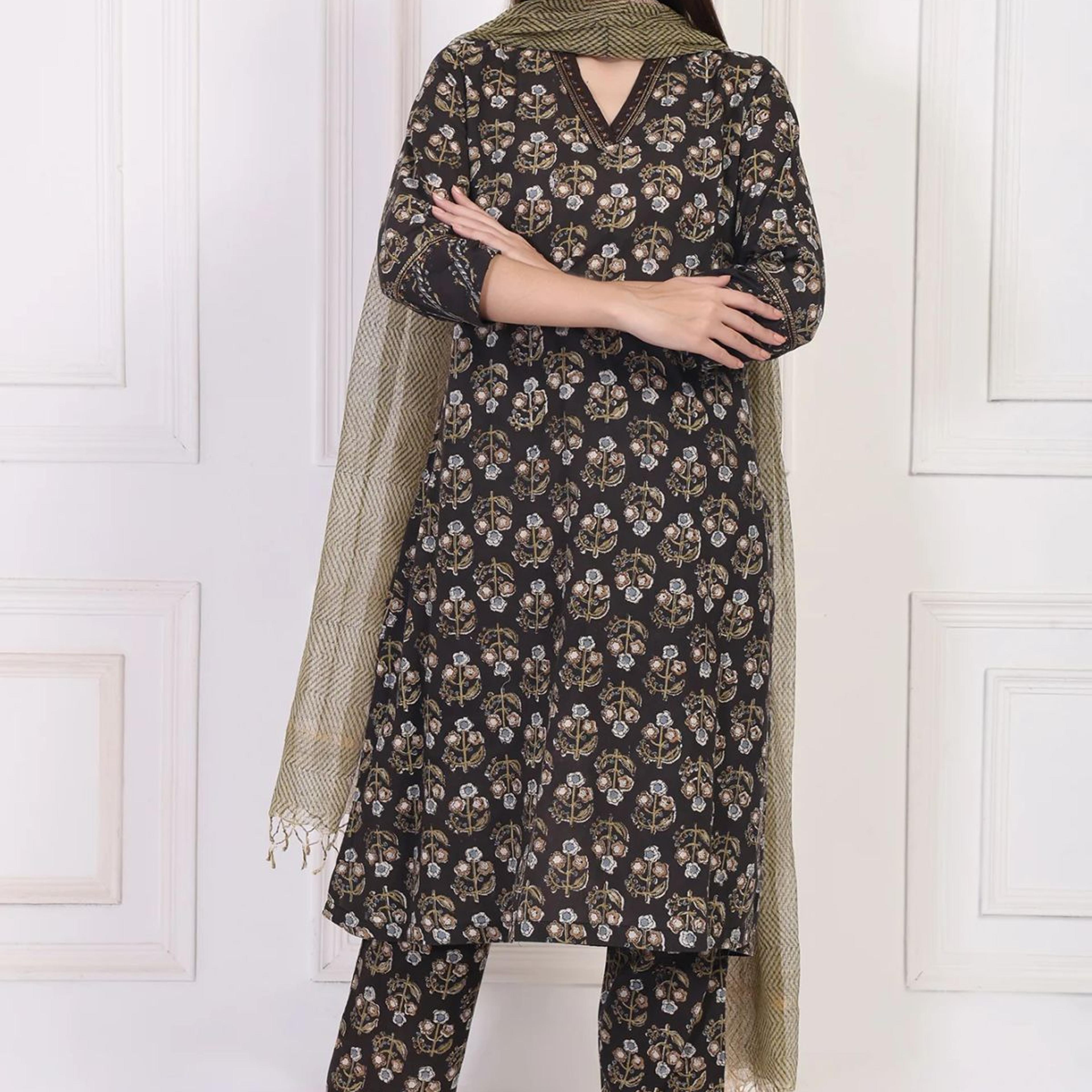 Black Floral Printed Embellished A-Line Cotton Kurta with Straight Pant and Dupatta Set