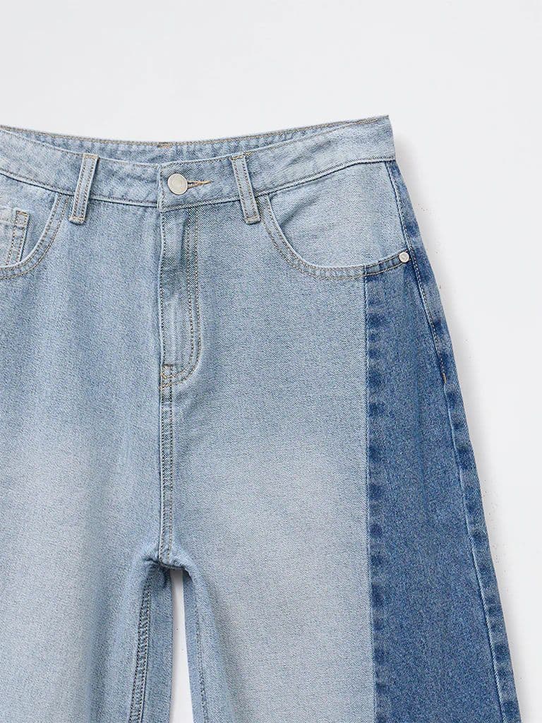 Y&F Kids Girls Blue Colour-Blocked High-Rise Jeans — photo 5