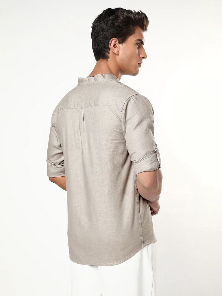 Men's Grey Linen Blend Full Sleeve Relaxed Fit Mandarin Collar Casual Solid Shirt — photo 3
