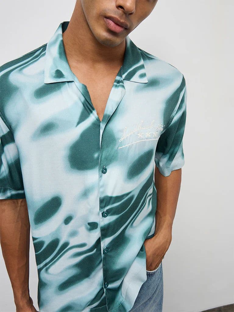 Nuon Teal Abstract Printed Relaxed-Fit Cotton Shirt — photo 3
