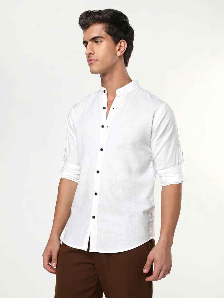 Men's White Linen Blend Full Sleeve Relaxed Fit Mandarin Collar Casual Solid Shirt — photo 2