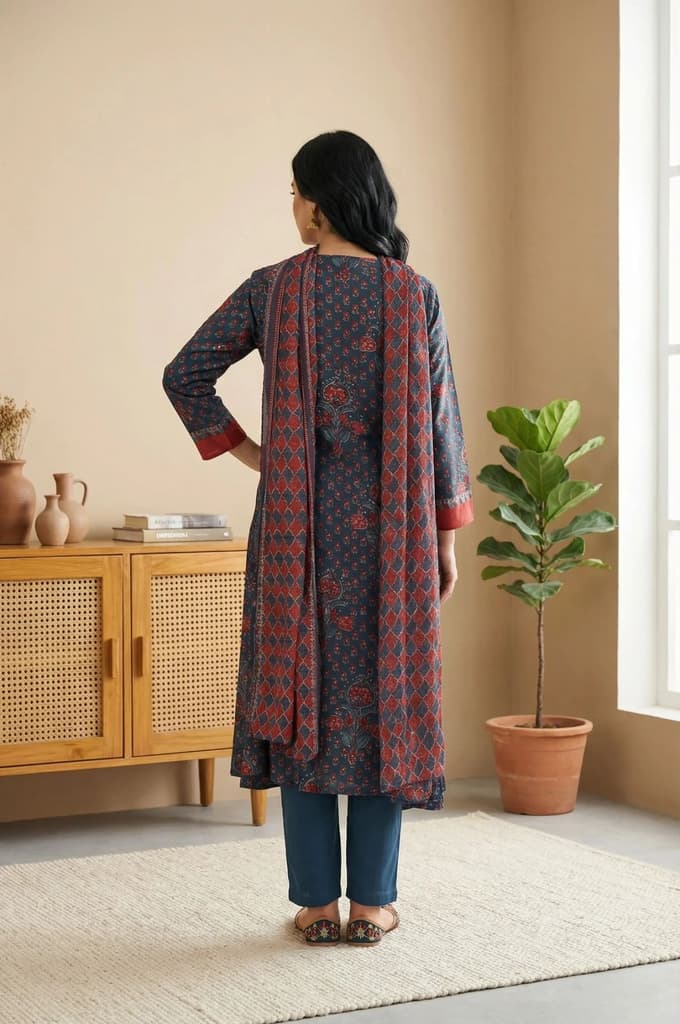 Blue Floral Printed Crepe Straight Kurta with Pants and Dupatta Set — photo 5