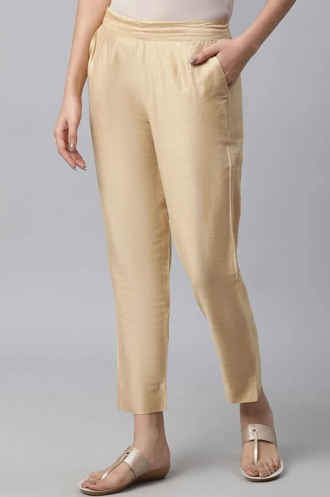Gold Solid Straight Fit Trousers With Elasticated Waist — photo 2