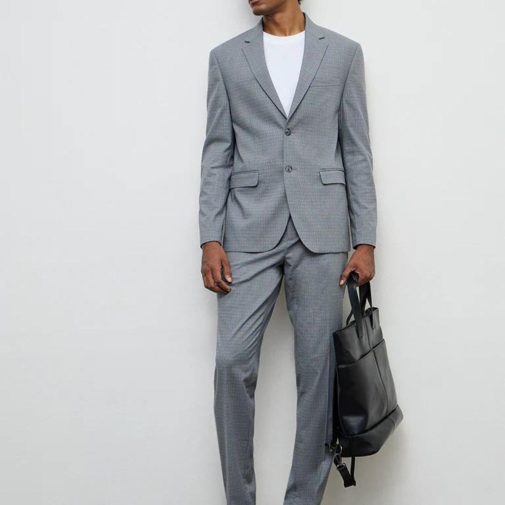 WES Formals Grey Houndstooth Checkered Slim-Fit Blazer