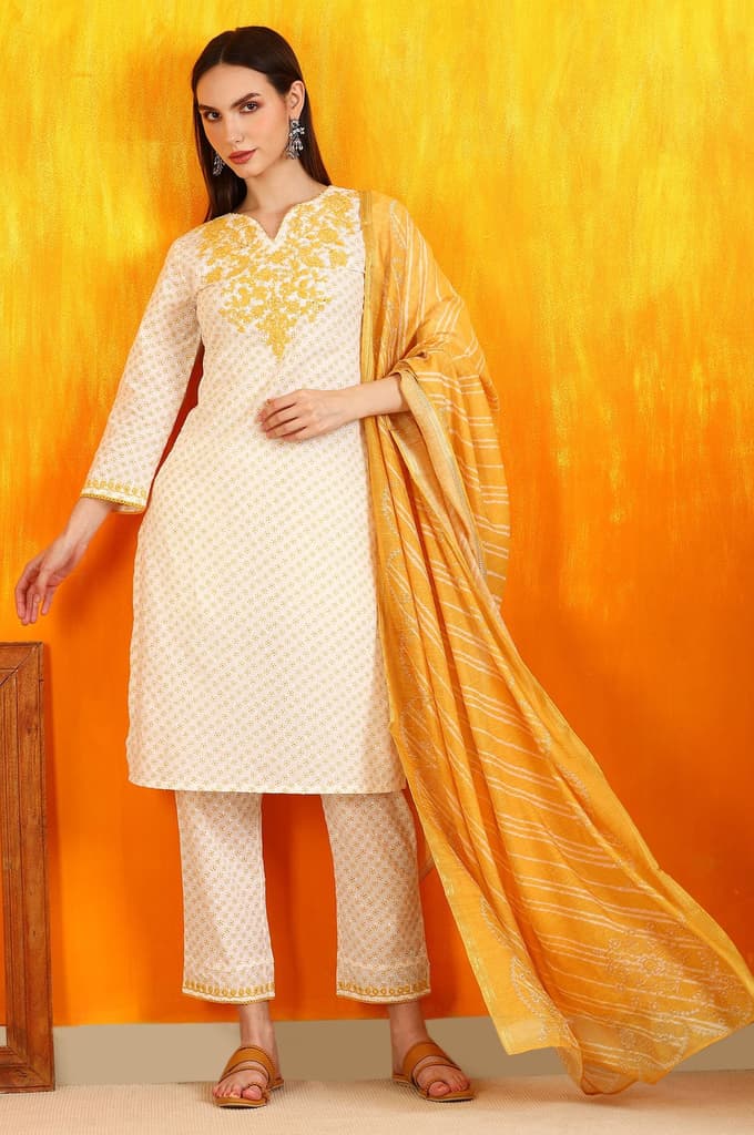 White Dot Printed Embroidered Pure Cotton Straight Kurta, Pants and Dupatta Set — photo 3