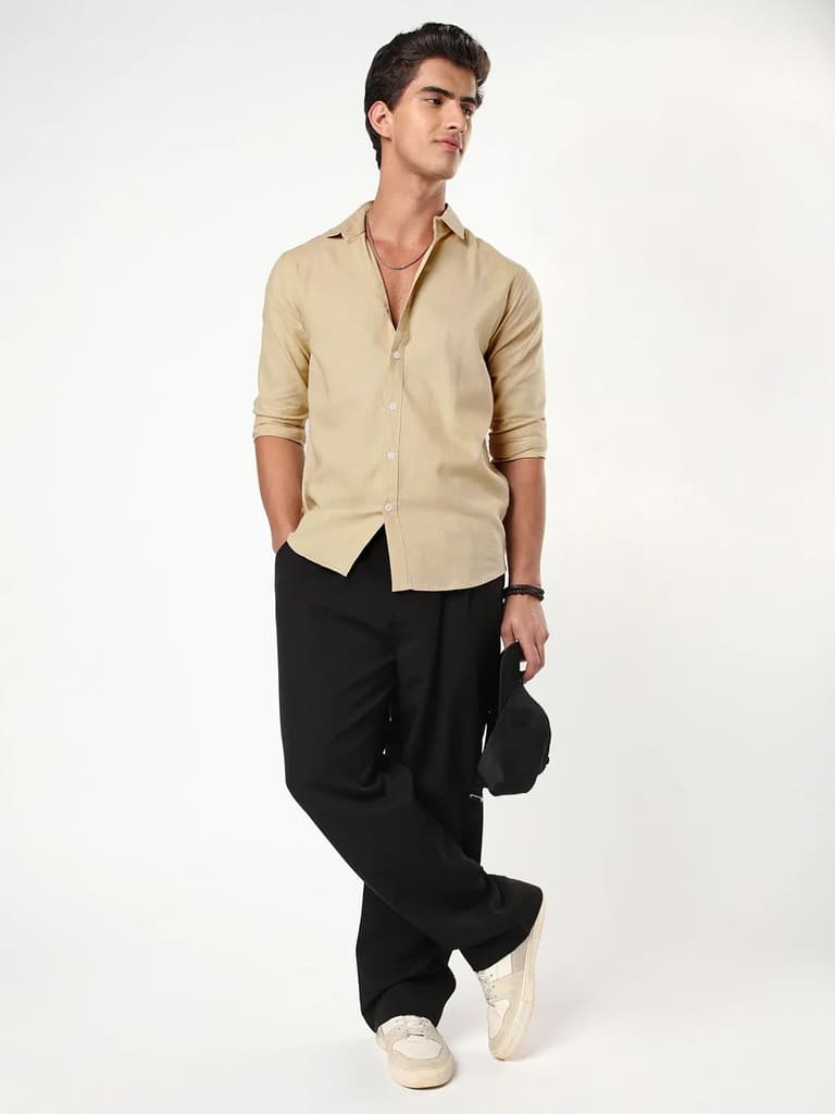 Men's Beige Linen Blend Full Sleeve Relaxed Fit Casual Solid Shirt — photo 4