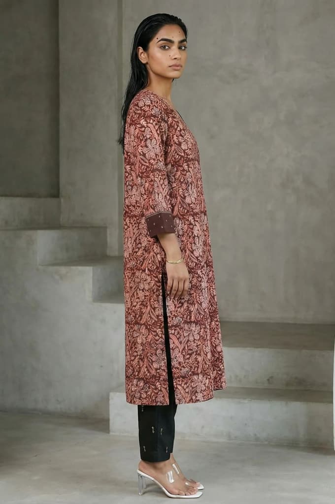 Chocolate Brown Sequins Floral Printed Pure Cotton Straight Kurta — photo 5