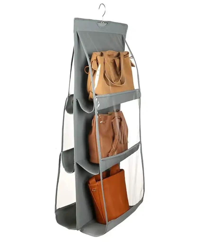 Kuber Industries Dustproof Hanging Handbag Organizer with 6 Compartments & Hanger (Grey | Cotton) — photo 3